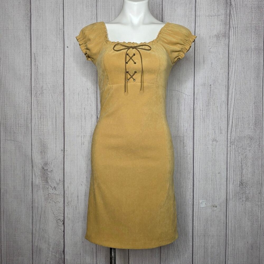 Y2K Rave Tan Faux Suede Lace-Up Dress Pocahontas Renaissance - sz Medium